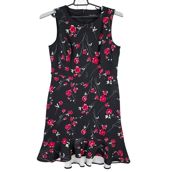 Womens Roz & Ali Black & Red Floral Sleeveless Dress Scallop Hem Polyester 14 - Picture 1 of 9